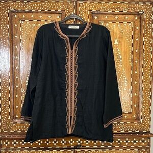 Moroccan Black Linen Tunic with Brown  Handmade Design